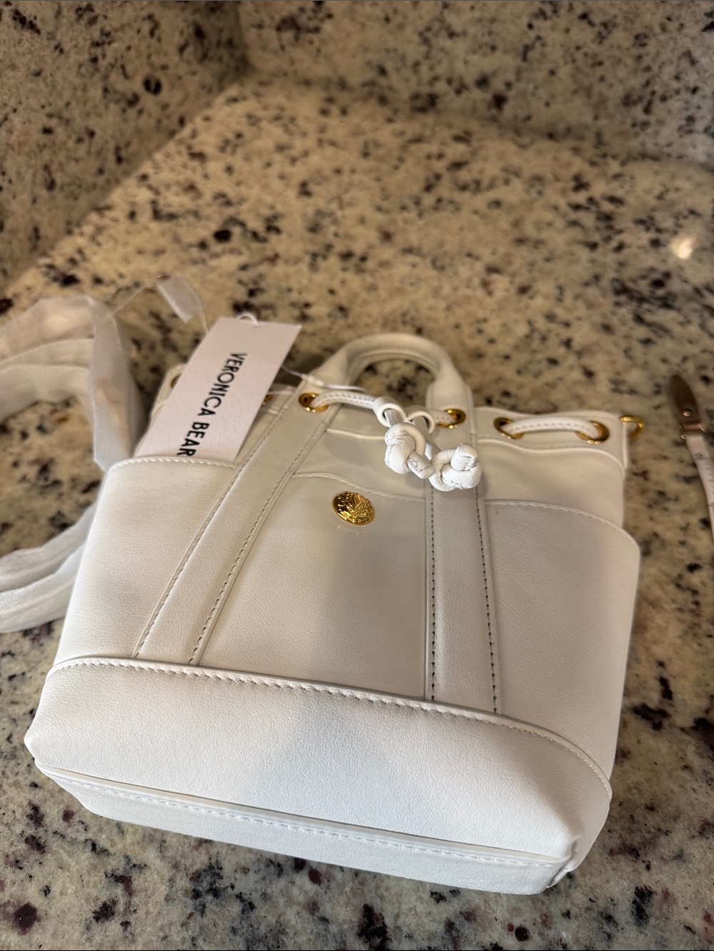 Veronica Beard “Mini Goody Bag” White Leather Drawstring Crossbody Bucket Bag. - Picture 3 of 16